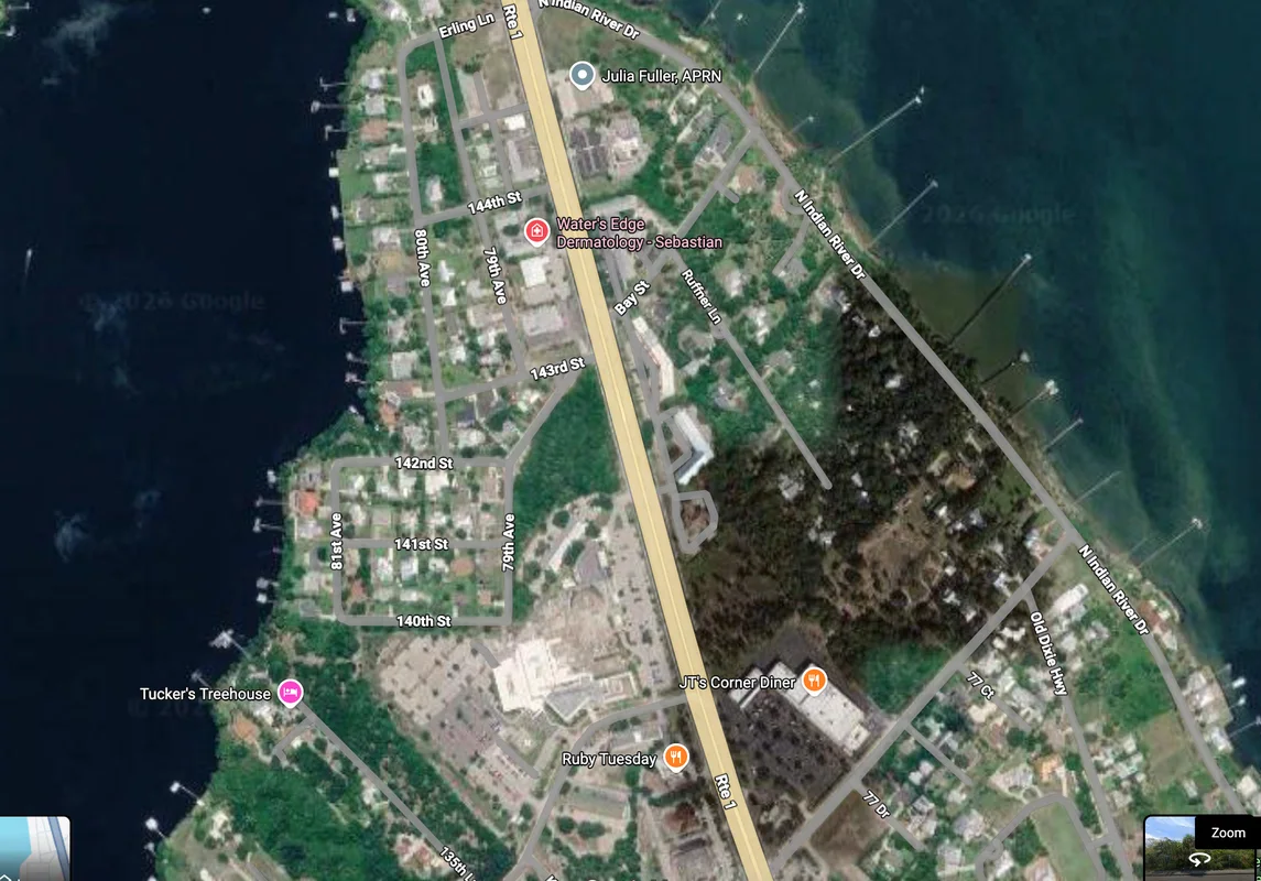 Satellite map of US Highway 1 and the Indian River in Sebastian, Florida